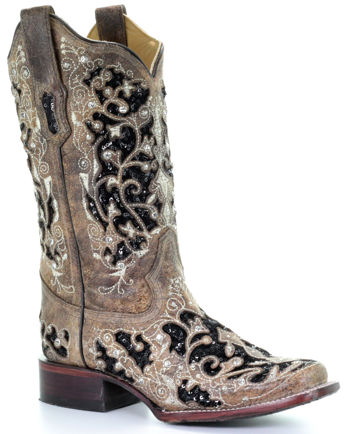 LD Brown Inlay and Flowered Embroidery Corral Ladies Boots