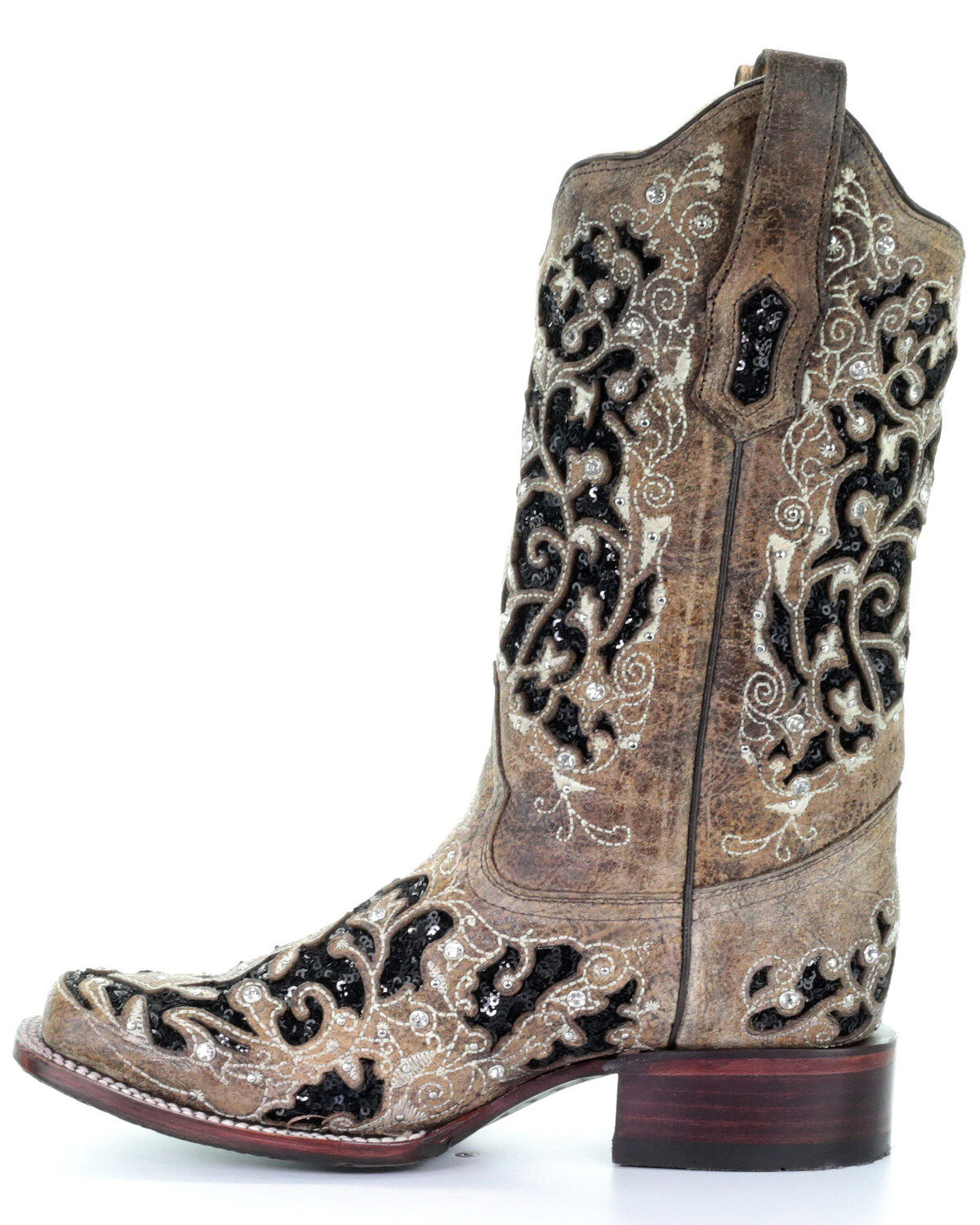 LD Brown Inlay and Flowered Embroidery Corral Ladies Boots